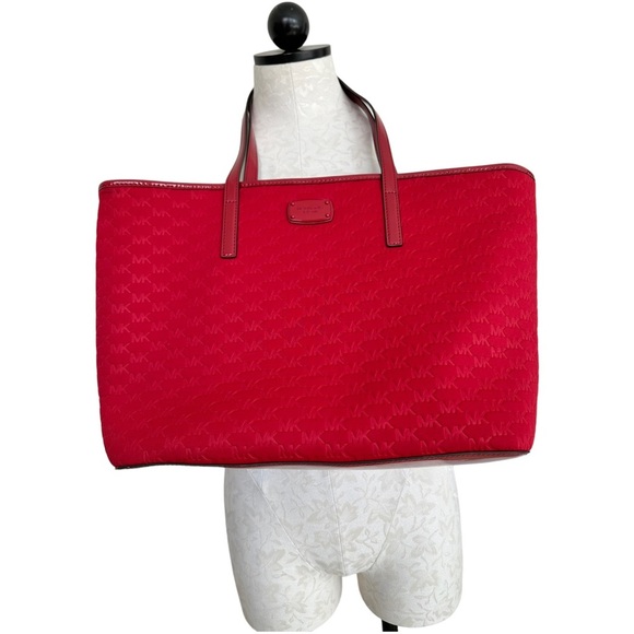 Michael Michael Kors Red Embossed Logo Scuba Fabric Patent Strap Large Tote Bag - Picture 6 of 12